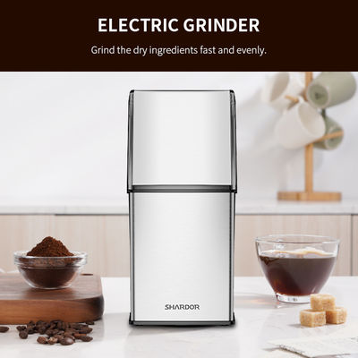 الفضة 304 الفولاذ المقاوم للصدأ مطحنة القهوة الكهربائية غطاء الصحافة زر مطحنة حبوب البن مطحنة