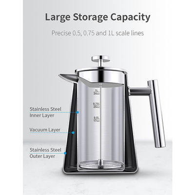 1000 مللي / 34 أوقية صانعة قهوة مفرغة من الهواء ، آلة صنع الشاي الدافئ ، مكبس فرنسي LFGB