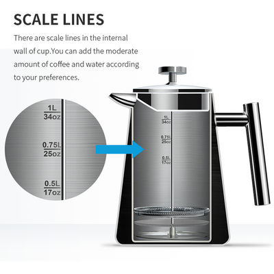 1000 مللي ماكينة صنع القهوة الفرنسية الأوتوماتيكية للسفر من الفولاذ المقاوم للصدأ بجدار مزدوج